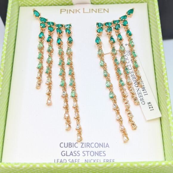 Pink Linen Green Ombre CZ Glass Stones Crawler Cascading Pierced 3" Earrings - Picture 1 of 3